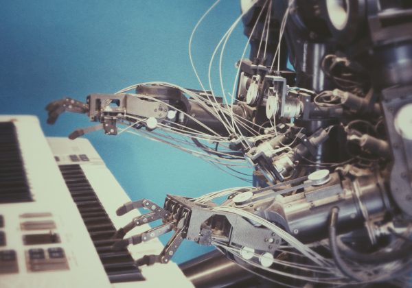 futuristic robot plays piano